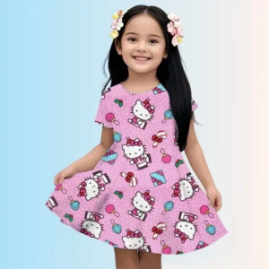 New Summer Girls Dress Fashion Cartoon Cute Cinnamoroll Hello Kitty 3D Printing Dress Kid Short Sleeve Princess Clothing