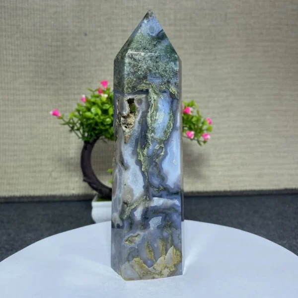 Natural Water Grass Agate Crystal Geode Hexagon Prism Tower Obelisk for Spiritual Meditation Reiki Gift Home Decor